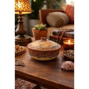 Vintage Hand Painted Decorative Trinket Box Floral Orange Blue Boho Storage